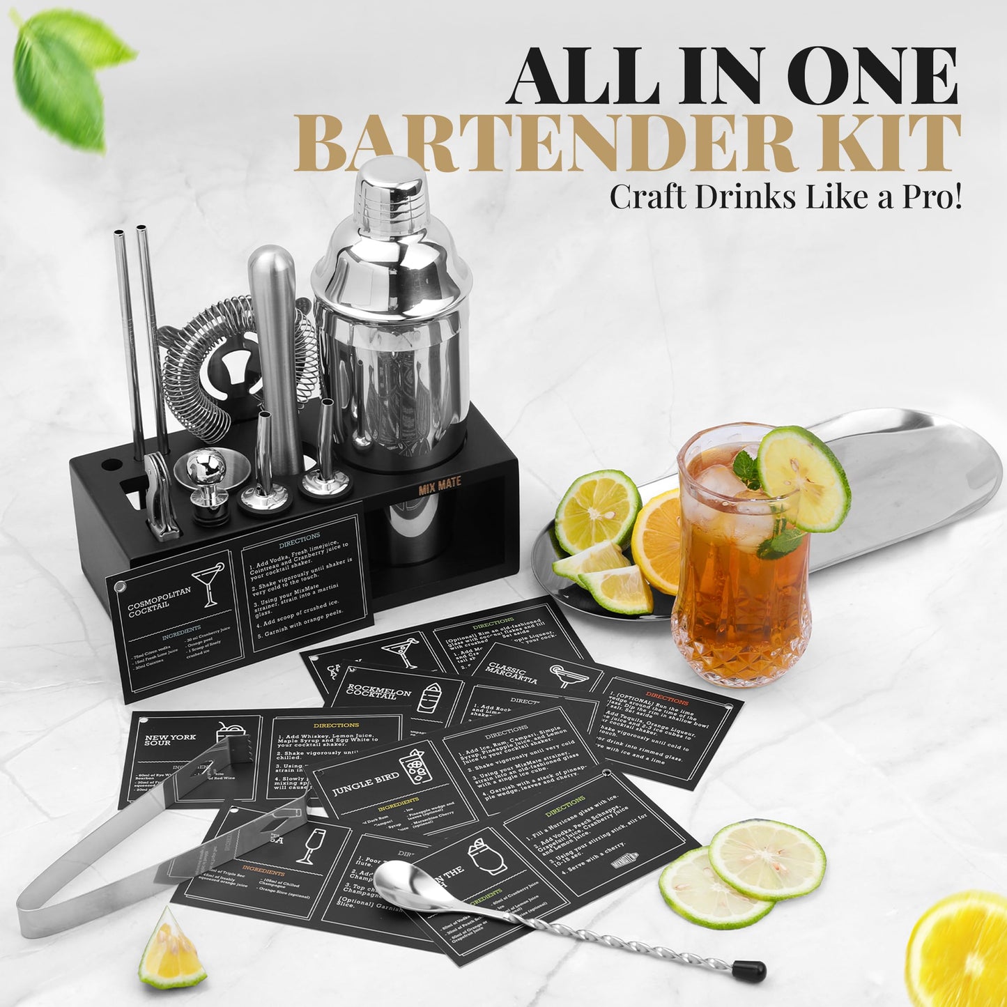 Mixology Bartender Kit with Stand | 15 Piece Bar Tool Set, Silver Bar Set Cocktail Shaker Set for Drink Mixing - Includes Martini Shaker, Jigger, Strainer, Bar Mixer Spoon, Tongs | Gift Idea (Silver) - Available at All In One Marketplace Canada