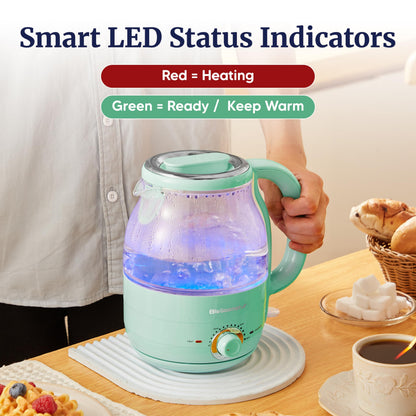 Elite Gourmet 1.2L Electric Glass Kettle, 1200W Fast Boil, Adjustable Temperature Control & Keep Warm, BPA-Free Borosilicate Glass, Auto Shut-Off & Boil-Dry Protection, 360° Cordless Base, Mint