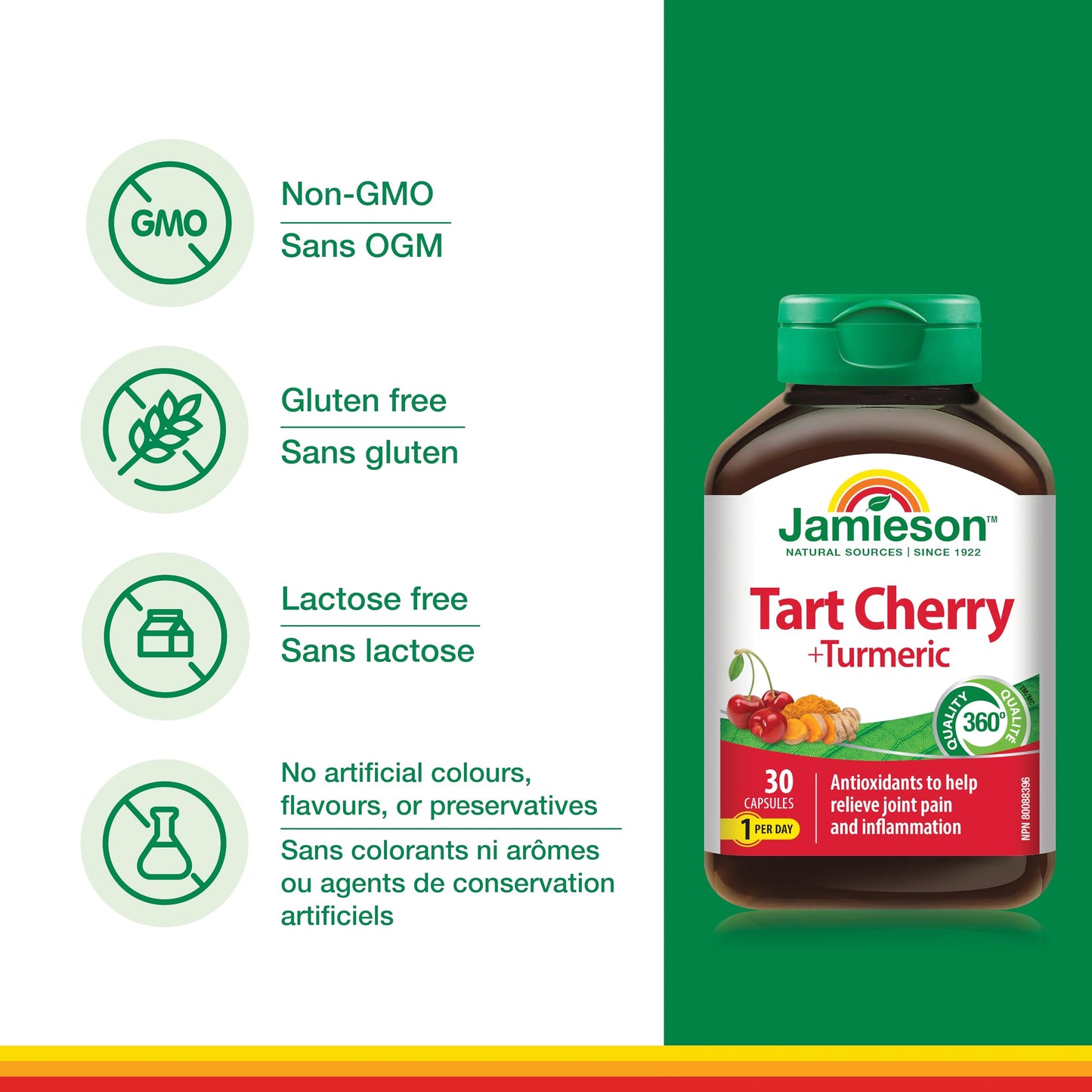 Jamieson Turmeric 100 mg with Tart Cherry 500 mg, Provides Natural Joint Pain Relief, Supports Inflammation, and Helps with Digestion. Non-GMO, 30 Vegetarian Capsules, Proudly Canadian - Available at All In One Marketplace Canada