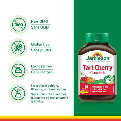 Jamieson Turmeric 100 mg with Tart Cherry 500 mg, Provides Natural Joint Pain Relief, Supports Inflammation, and Helps with Digestion. Non-GMO, 30 Vegetarian Capsules, Proudly Canadian - Available at All In One Marketplace Canada