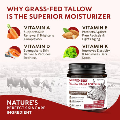 Beef Tallow Face Cream, Whipped Tallow and Honey Balm for Face and Body, Grass Fed Natural Skincare Moisturizer for Dry and Sensitive Skin, Hydrating Body Butter - Available at All In One Marketplace Canada