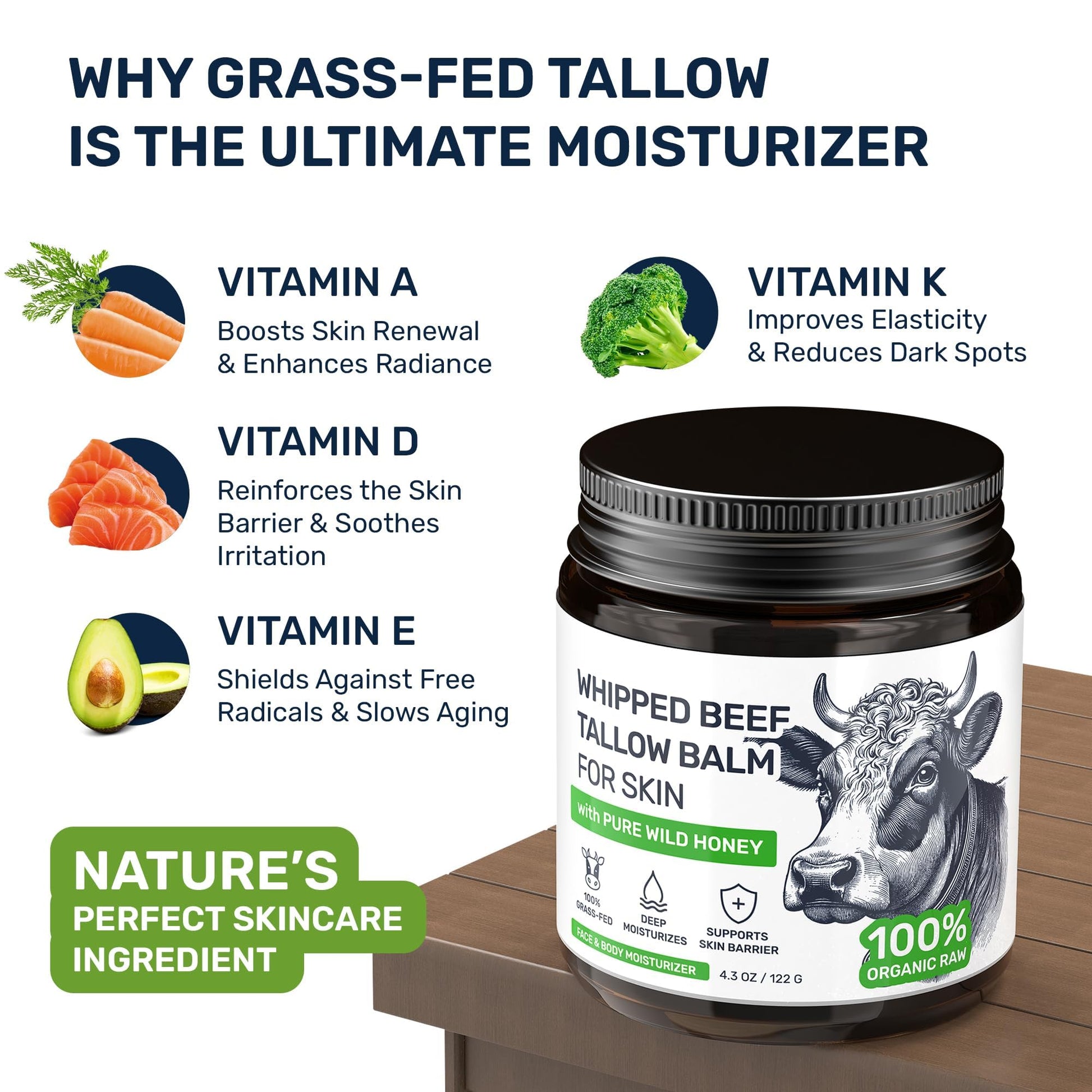 Beef Tallow Face Cream – Grass Fed Whipped Tallow and Honey Balm for Skin, Body Moisturizer with Beeswax and Wild Honey, 3-Ingredient Fragrance Free Non Comedogenic Skincare for Dry Sensitive Skin