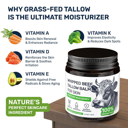 Beef Tallow Face Cream – Grass Fed Whipped Tallow and Honey Balm for Skin, Body Moisturizer with Beeswax and Wild Honey, 3-Ingredient Fragrance Free Non Comedogenic Skincare for Dry Sensitive Skin