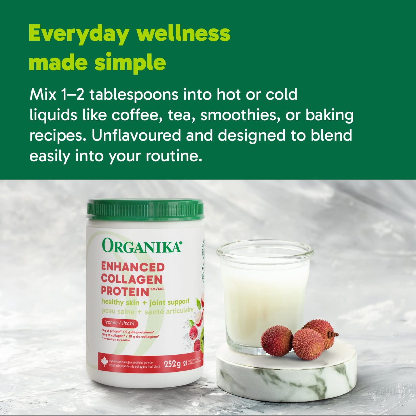 Organika Poudre de protéines de collagène amélioré fabriquée au Canada - Saveur de litchi - Saveur délicieuse, teneur élevée en protéines - Hydrolysée pour une meilleure absorption - Nourri à l'herbe, sans OGM - 252 g