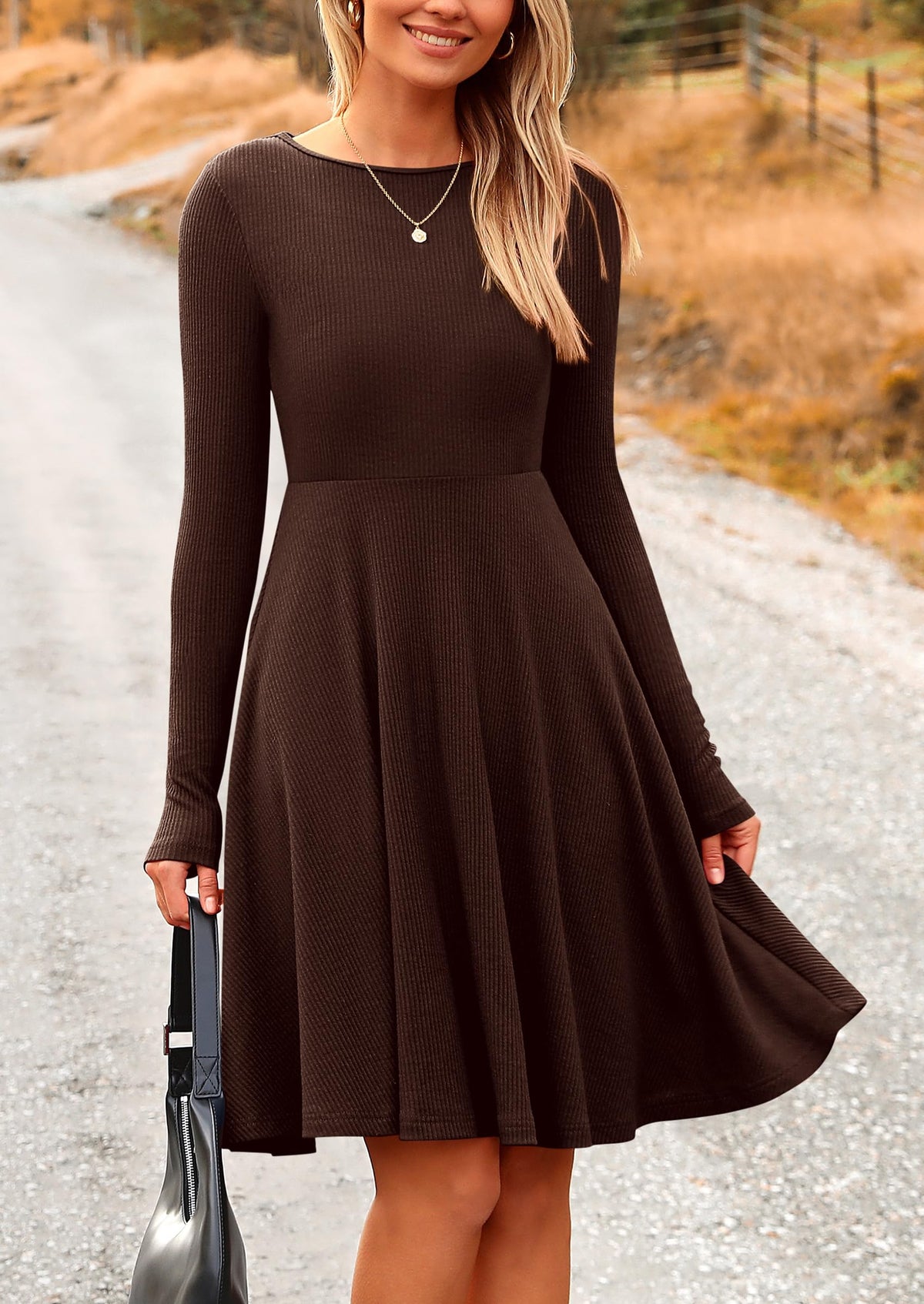 PRETTYGARDEN Women's Fall Casual Long Sleeve Short Dress Dark Coffee,M 🍁 All In One Marketplace Canada
