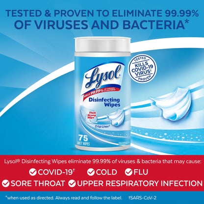 Lysol Disinfecting Wipes, Crisp Linen, Thick Strong Wipe, Kills 99.99% of Viruses & Bacteria, Bulk Pack of 6, 450 Count (6 x 75 count) 🍁 All In One Marketplace Canada