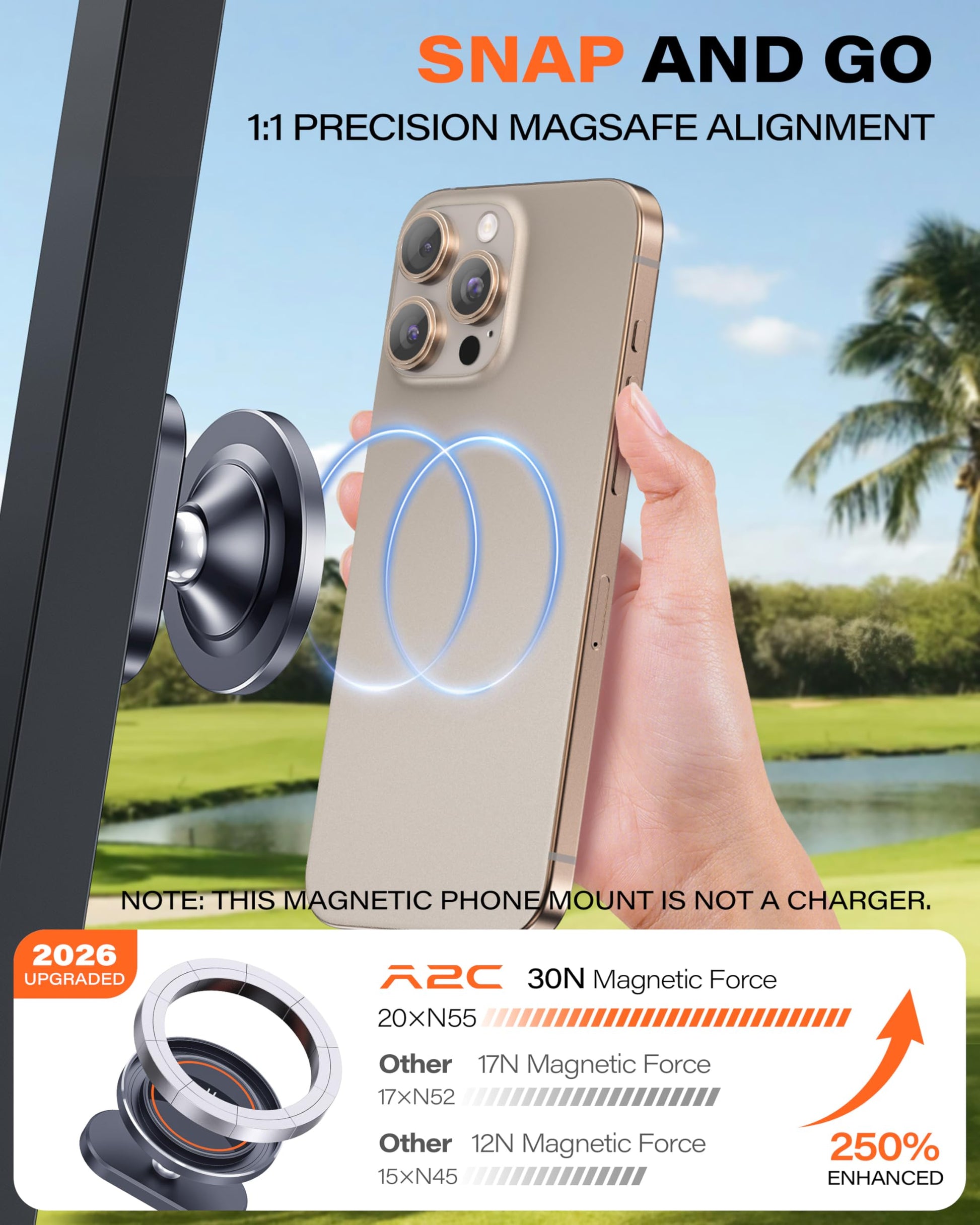 A2C Alloy Magnetic Golf Cart Phone Holder for MagSafe iPhone, Unique Golf Gifts for Men Golfers Dad Father, Gift for Him Husband, Accessories Essentials Gadgets Fits EZGO, Club Car, Yamaha - Available at All In One Marketplace Canada