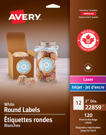 Avery Matte White Round Labels, 2" Label, for Laser/Inkjet Printers, Easy Peel, Print to Edge, 120 Permanent White Labels, Apply on Paper/Cardboard/Metal/Glass/Plastic, (22859) Made in Canada Avery
