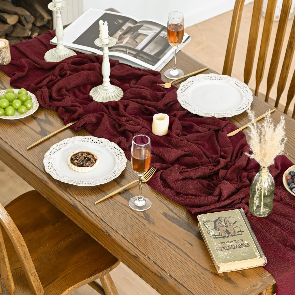 Artoid Mode Boho Cheesecloth Gauze Burgundy Wedding Table Runner, 300 cm Seasonal Fabric Kitchen Dining Holiday Table Decor for Home Party Indoor 🍁 All In One Marketplace Canada