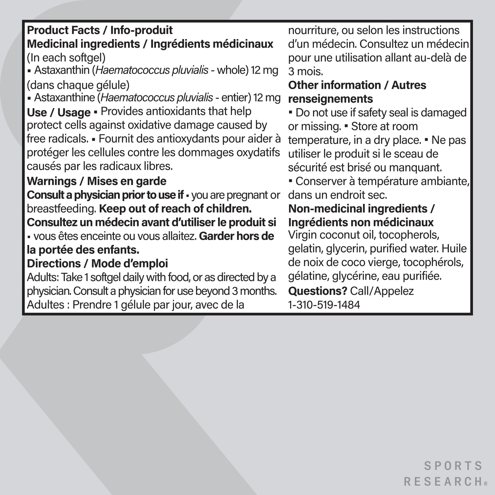 Sports Research® Triple Strength Astaxanthin Supplement from Algae w/Organic Coconut Oil - Natural Support for Skin & Eye Health - Non-GMO & Gluten Free - 12mg, 60 Softgels - 2 Month Supply - Available at All In One Marketplace Canada