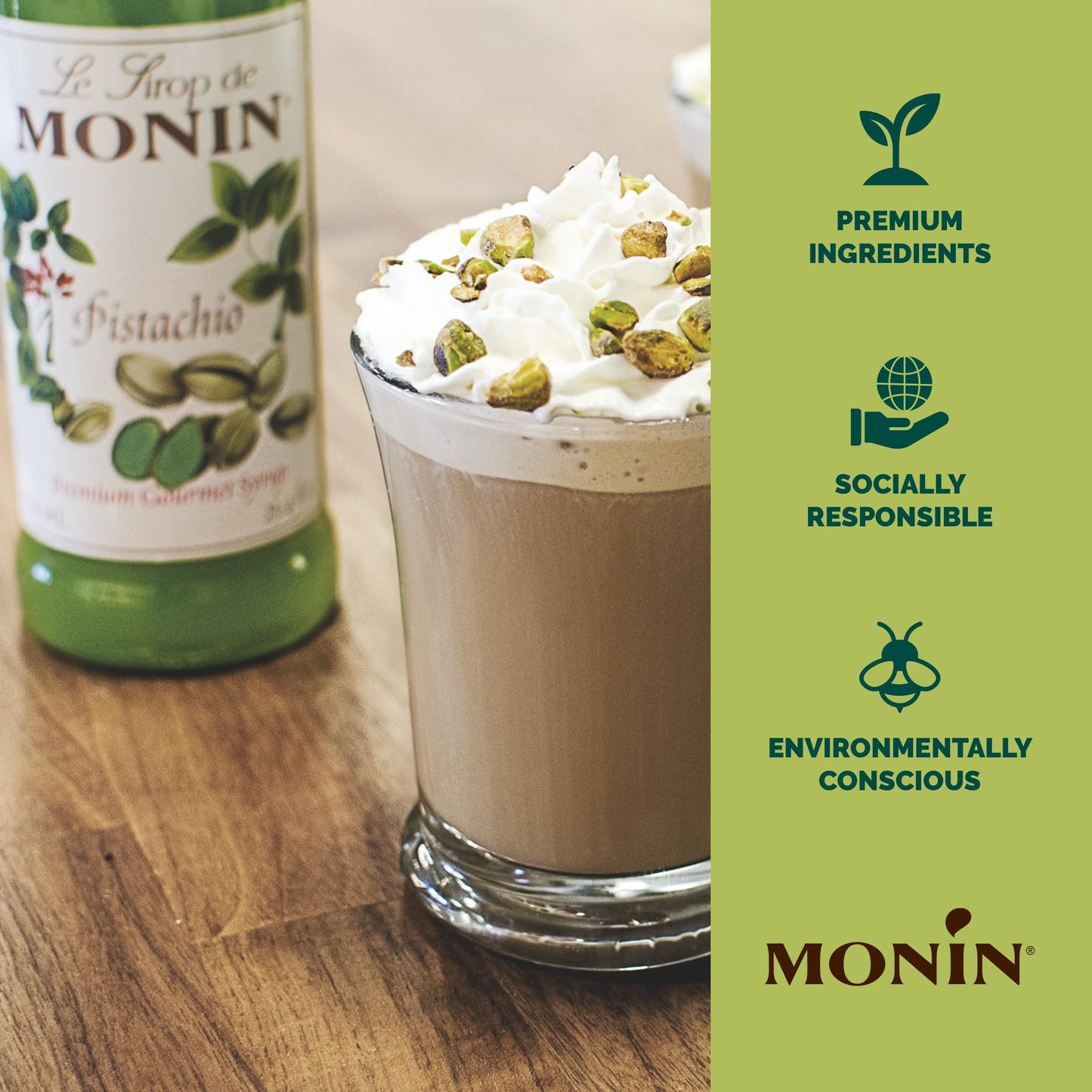 Monin Pistachio Syrup – Roasted Nutty Flavor for Coffee, Lattes, Mochas & Cocktails – 750 ml Vegan & Gluten-Free