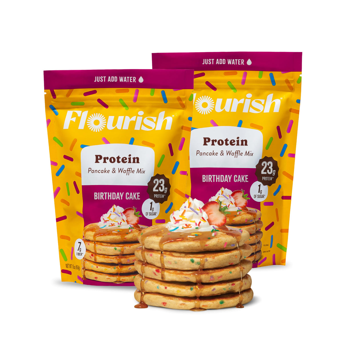 Flourish Protein Pancake & Waffle Mix with Whey Protein, No Added Sugar, High in Fiber, Just Add Water - Birthday Cake Flavour, 430 g Each (2 Pack) - Made in Canada (Two Pack, Birthday Cake) 🍁 All In One Marketplace Canada