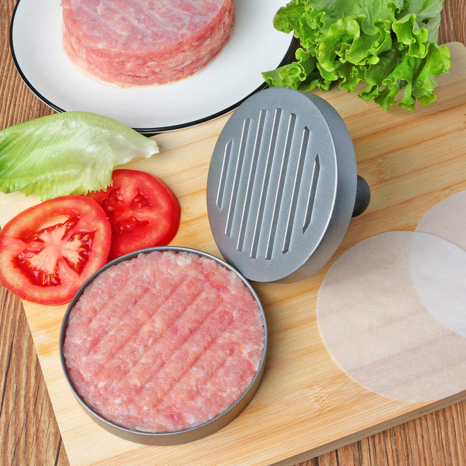 Asdirne Hamburger Press Patty Maker, Food Grade Aluminum Burger Press with ABS Handle, Non-Stick, Easy to Clean, with 50 Pcs Wax Patty Paper, 4.6" Diameter and 0.7" Depth - Available at All In One Marketplace Canada