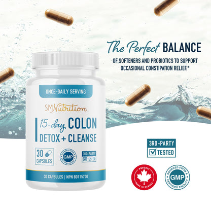 15 Day Colon Cleanse & Detox | Stool Softener & Constipation Relief for Adults | Gut Health Support | Colon Detox Cleanse With Probiotics for Women & Men | Gluten-Free | By SM Nutrition | 30 Capsules - Available at All In One Marketplace Canada