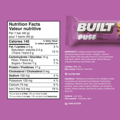 Built Bar 12-Pack Protein Bars - Churro Puff Flavor with Real Chocolate Coating