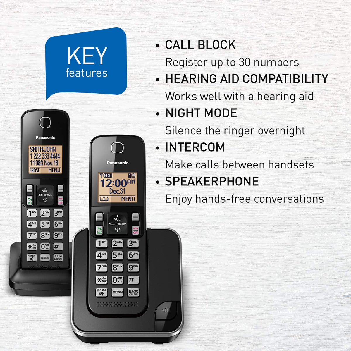 Panasonic DECT 6.0 Expandable Cordless Phone with Call Block - 2 Cordless Handsets - KX-TGC382CB (Black)