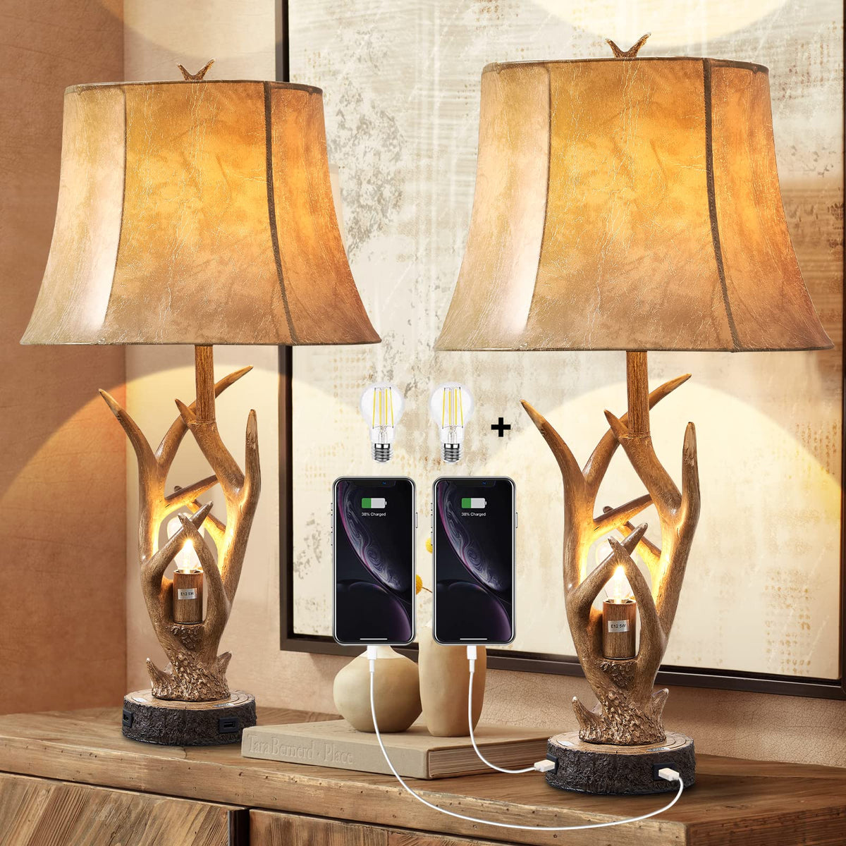 Dungoo Rustic Western Deer Table Lamps with Nightlight Set of 2, 26" Rustic Bedside Lamps for Bedroom with 2 USB Ports, Natural Antler Table Lamp for Christmas Living Room Gift Foyer Office 🍁 All In One Marketplace Canada