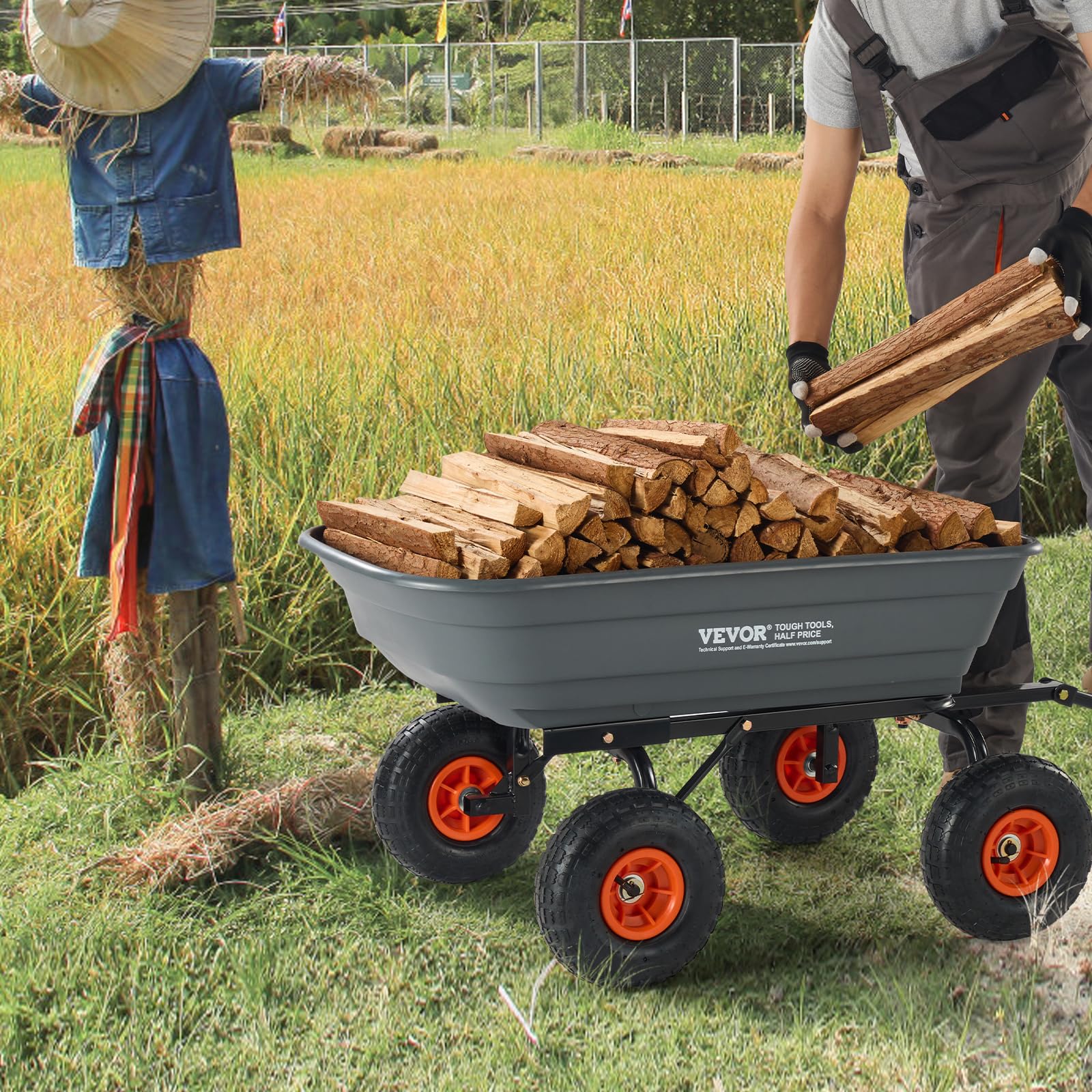 VEVOR Dump Cart, Poly Garden Dump Cart with Easy to Assemble Steel Frame, Dump Wagon with 2-in-1 Convertible Handle, Utility Wheelbarrow 600 lbs Capacity, 10 inch Tires VEVOR