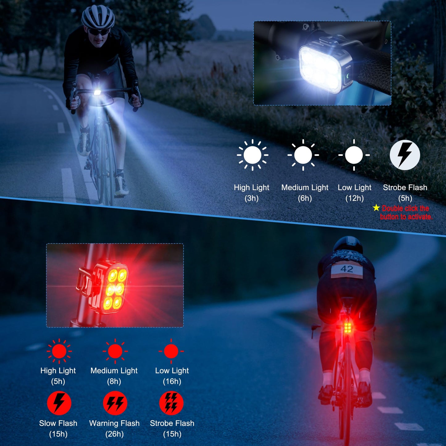 Bike Lights, Combination of Bike Front Light and Tail Light, IP65 Waterproof USB Charging, Equipped with 6 Ultra-Bright LED Beads, 4+6 Lighting Modes, Suitable for Riding at Night