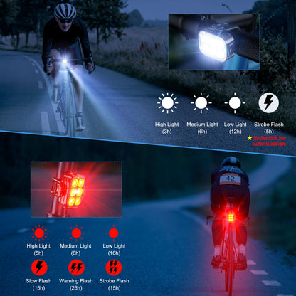 Bike Lights, Combination of Bike Front Light and Tail Light, IP65 Waterproof USB Charging, Equipped with 6 Ultra-Bright LED Beads, 4+6 Lighting Modes, Suitable for Riding at Night