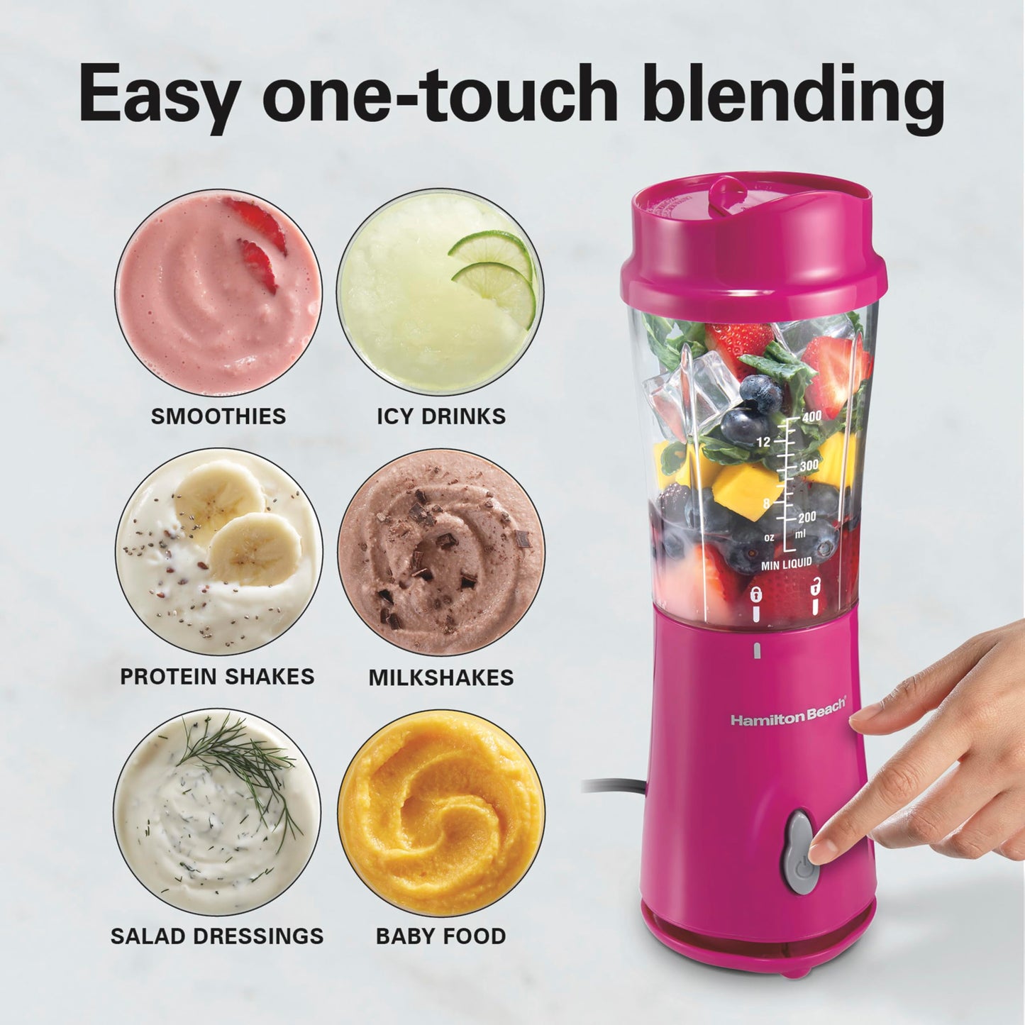 Hamilton Beach Personal Blender for Smoothies & Protein Shakes, Portable Single Serve Blender with Travel Lid, 14 oz BPA-Free Jar, 175W, Compact Countertop Blender, Raspberry, 51131G 🍁 All In One Marketplace Canada