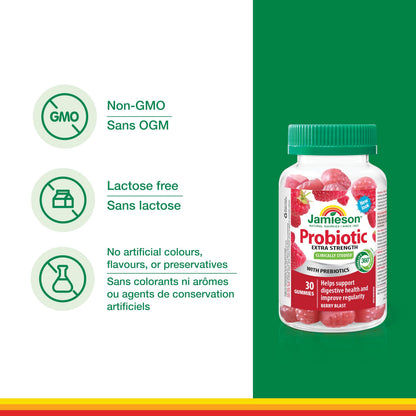 Jamieson Extra Strength Probiotic. 30 Gummies. 5 Billion CFU, Berry Blast Flavour, Improves Digestive Health, and Supports a Healthy Microbiome, No Artificial Colours, Flavours, or Preservatives - Available at All In One Marketplace Canada