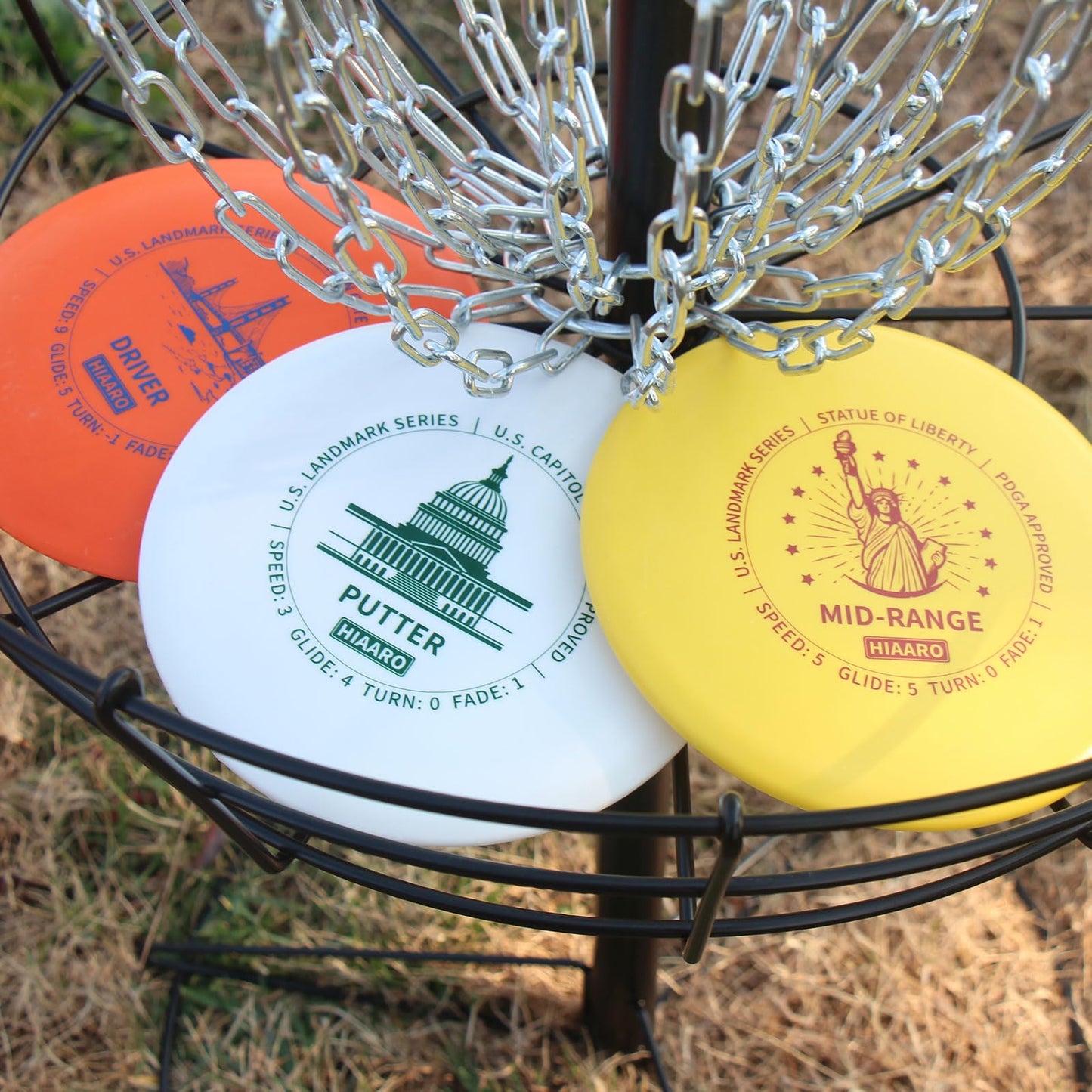 HIAARO Disc Golf Starter Discs Set | U.S. Landmark Series | 150 Class, 145-150g | PDGA Approved | Include 2*Driver 2*Mid-Range 2*Putter 1*Mini Marker - Available at All In One Marketplace Canada