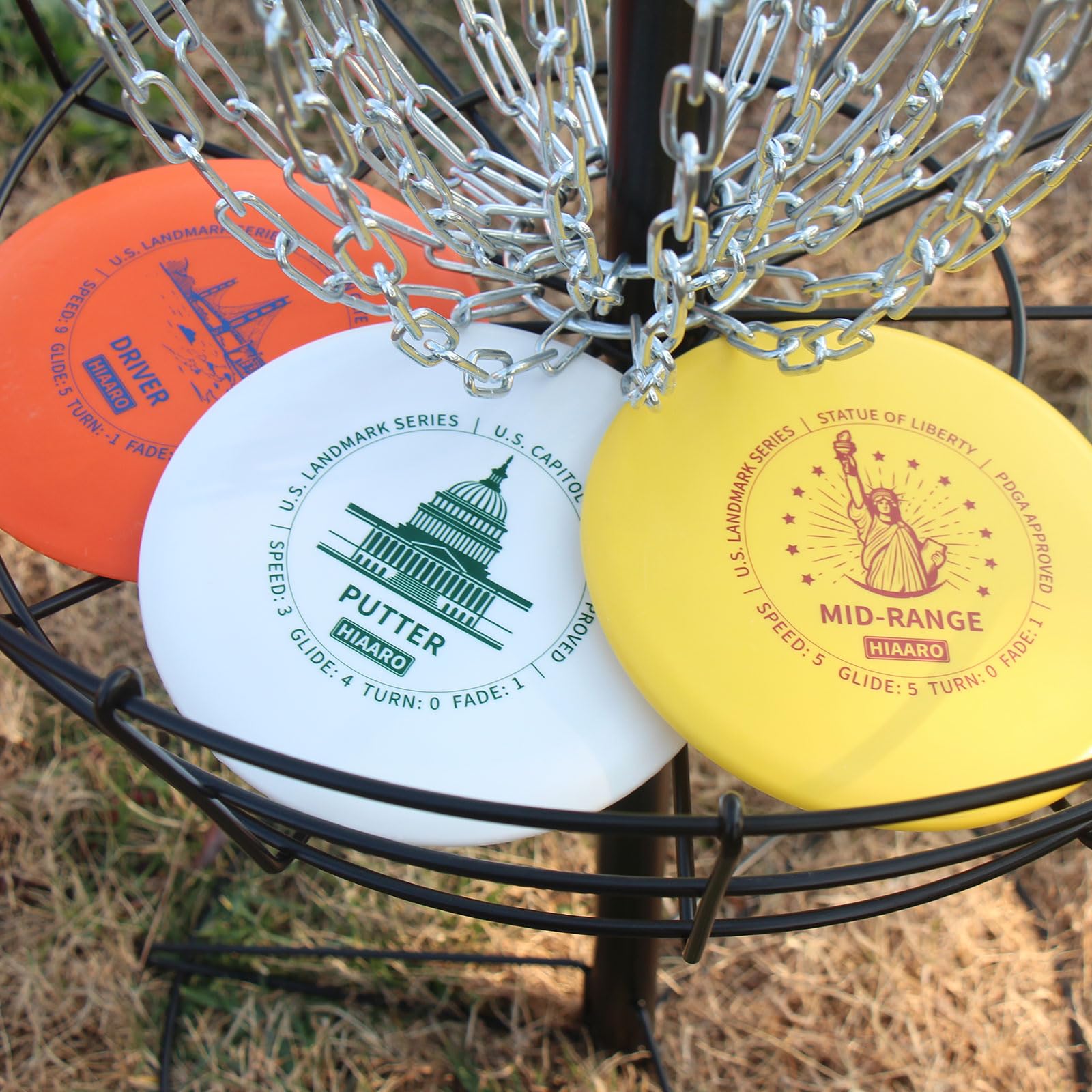 HIAARO Disc Golf Starter Discs Set | U.S. Landmark Series | 150 Class, 145-150g | PDGA Approved | Include 2*Driver 2*Mid-Range 2*Putter 1*Mini Marker - Available at All In One Marketplace Canada