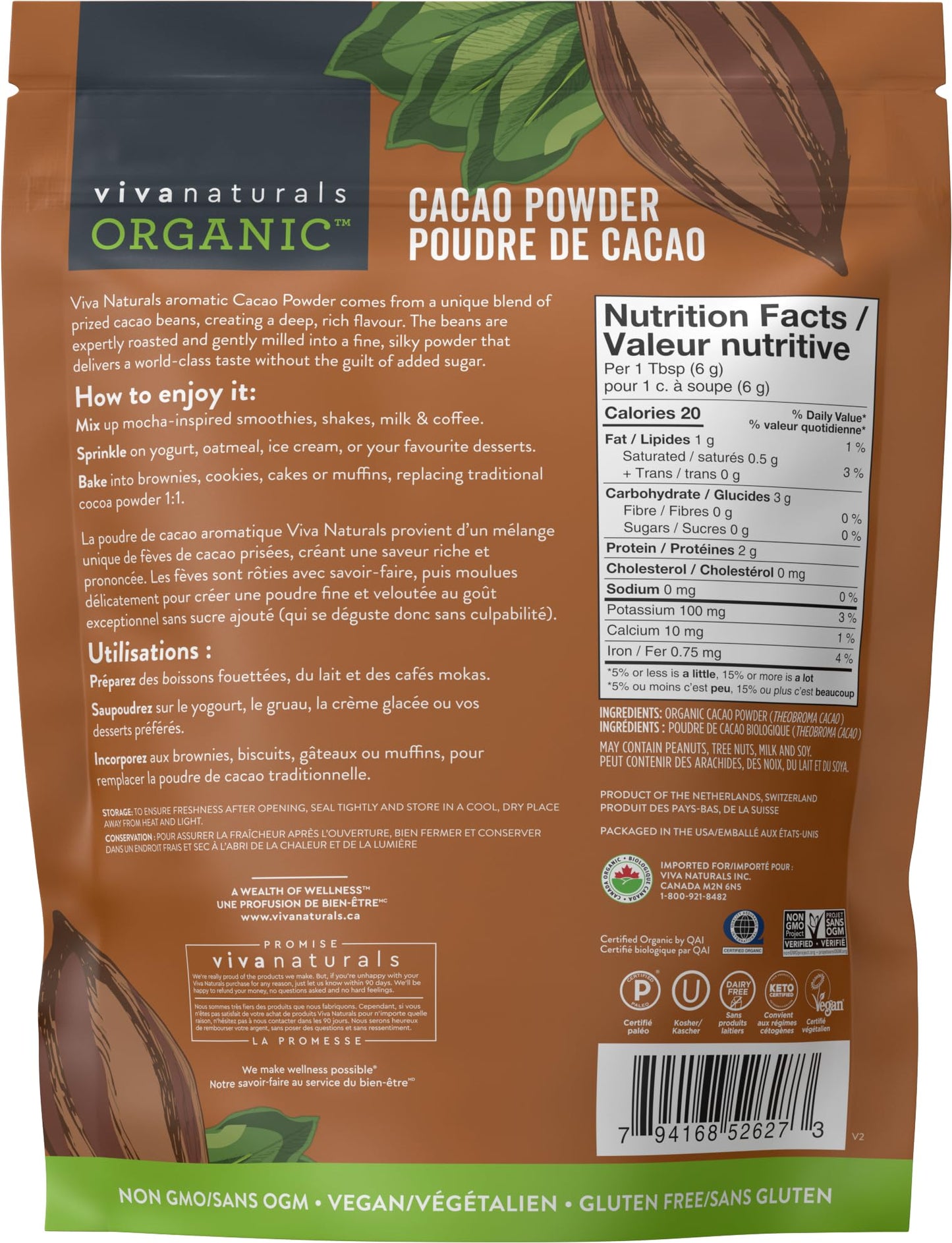 Viva Naturals Organic Cacao Powder, 2lb - Unsweetened Cocoa Powder With Rich Dark Chocolate Flavour, Perfect for Baking & Smoothies - Certified Vegan, Keto & Paleo, Gluten-Free & Non-GMO, 907 g