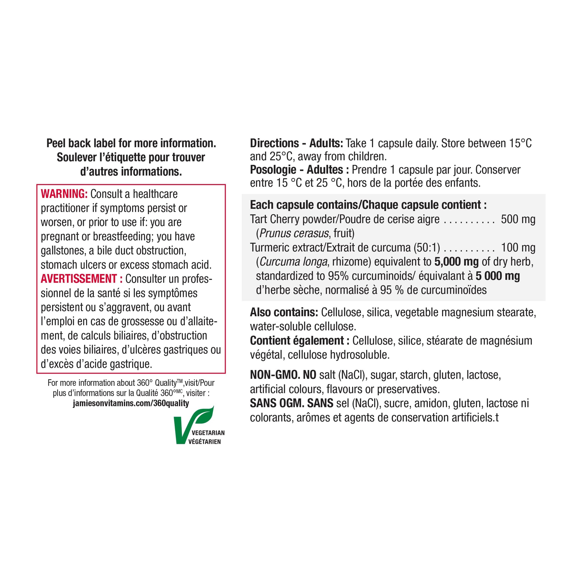 Jamieson Turmeric 100 mg with Tart Cherry 500 mg, Provides Natural Joint Pain Relief, Supports Inflammation, and Helps with Digestion. Non-GMO, 30 Vegetarian Capsules, Proudly Canadian - Available at All In One Marketplace Canada