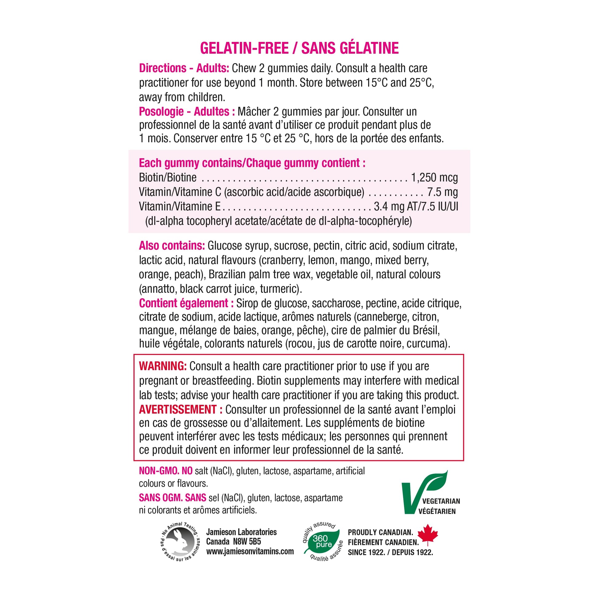Jamieson High Potency Biotin Gummies with Vitamin C and Vitamin E, 100 Gummies, Mixed Flavours. Supports Thicker Hair, Healthier Skin, Stronger Nails. Gelatin-Free - Available at All In One Marketplace Canada
