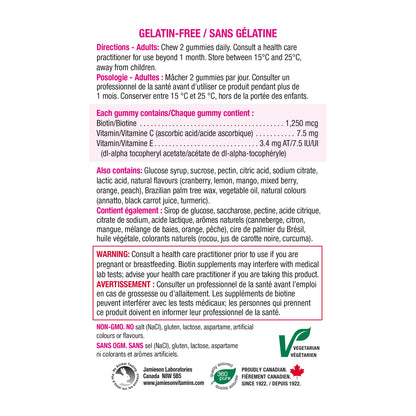 Jamieson High Potency Biotin Gummies with Vitamin C and Vitamin E, 100 Gummies, Mixed Flavours. Supports Thicker Hair, Healthier Skin, Stronger Nails. Gelatin-Free - Available at All In One Marketplace Canada