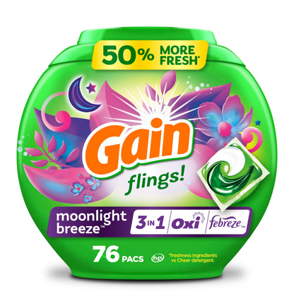 Gain Flings Laundry Detergent Pacs, 76 Count, Moonlight Breeze Scent, with Odor Defense