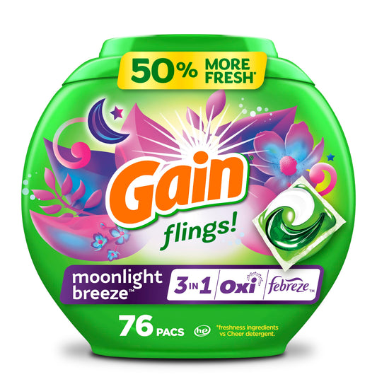 Gain Flings Laundry Detergent Pacs, 76 Count, Moonlight Breeze Scent, with Odor Defense