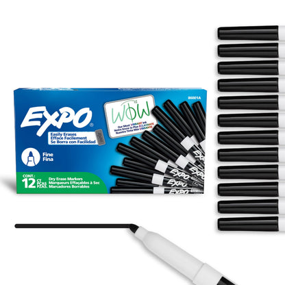 EXPO Dry Erase Markers, Low Odour Ink, Black, Fine Tip, 12 Count Expo