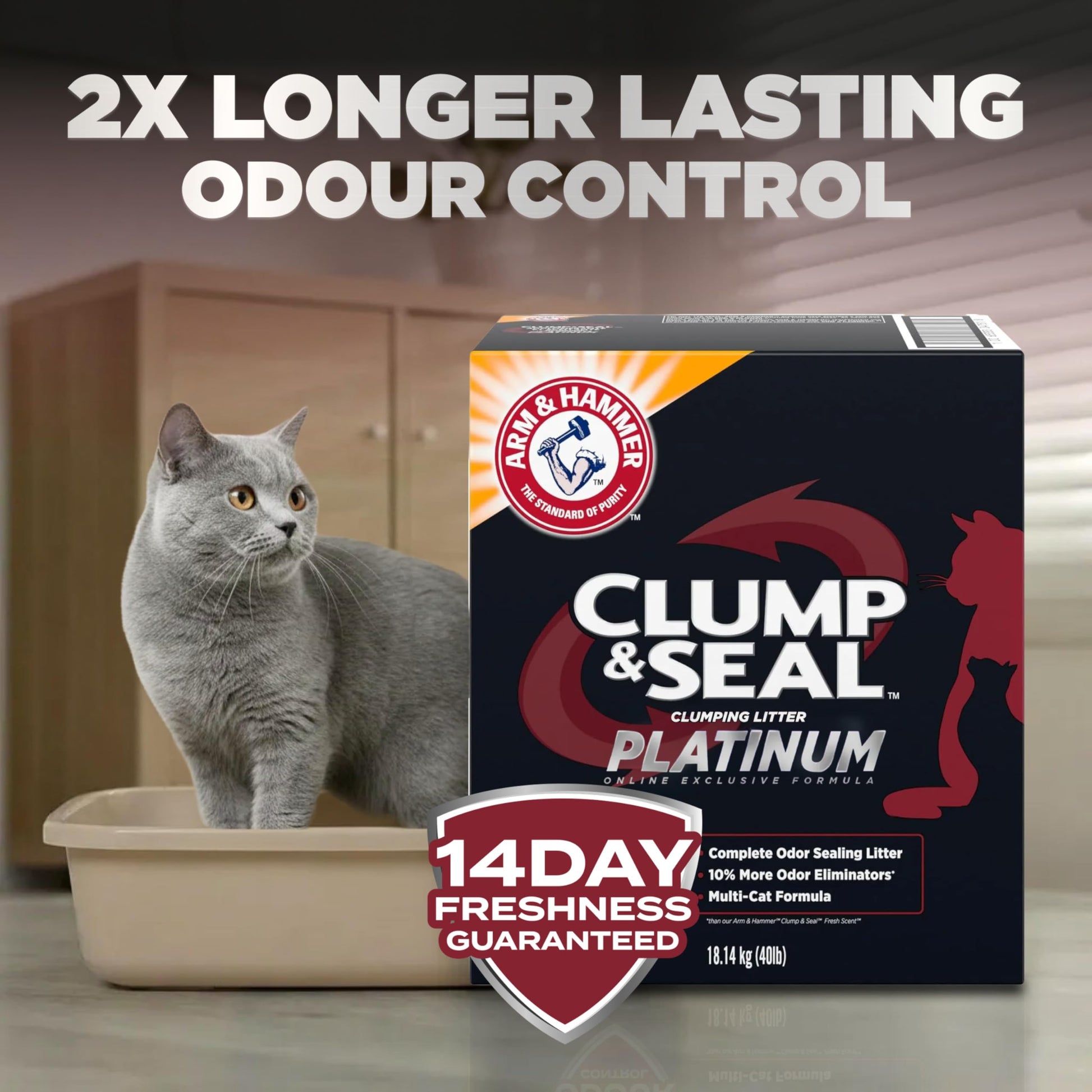 ARM & HAMMER Platinum Cat Litter, Clump & Seal, EXTRA STRENGTH Complete Odour Sealing with 14 Days of Odour Control, Multi-Cat, Hard Clumping Clay, 99.99% Dust Free, 18.14kg