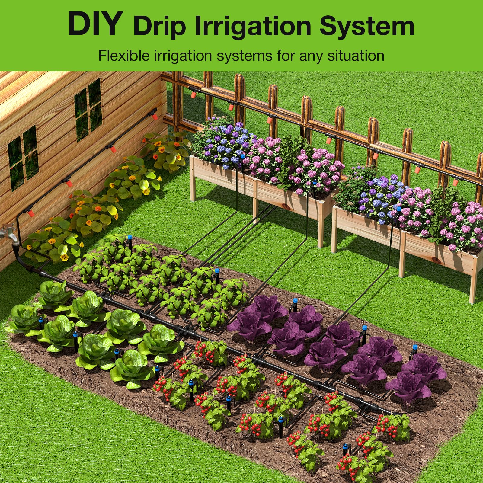 MIXC 101FT Drip Irrigation System, Easy to Setup Automatic Garden System with Anti-UV 1/4" & 1/2" Tubing - Water-Saving Adjustable Nozzles & Sprinklers for Patio, Greenhouse, Raised Bed, Potted Plants