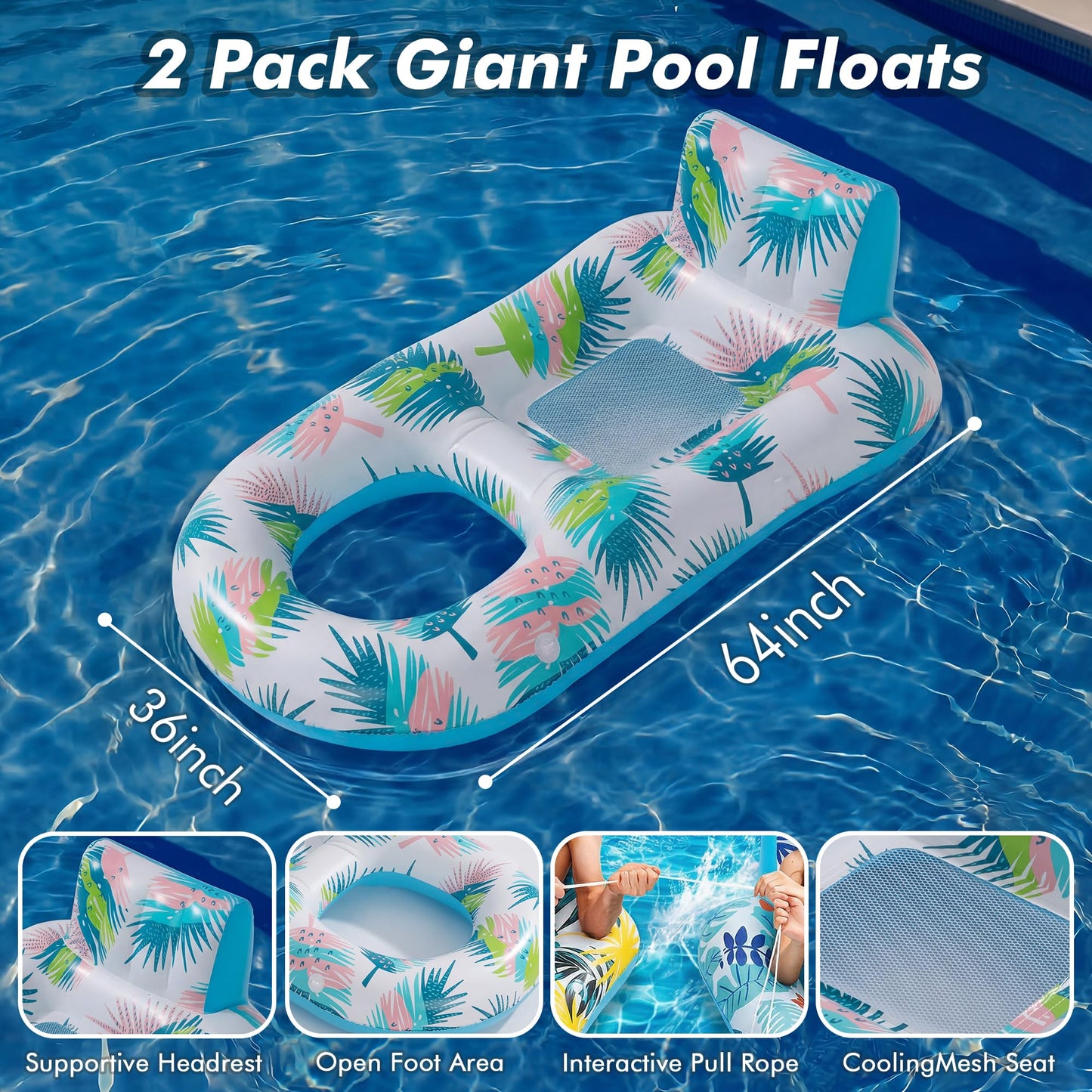 cngg v Pool Floaties for Adults,Inflatable Float Heavy Duty, Backrest & Footrest Pool Float Pool Rafts for Adults Beach Lake Party 2 Pack - Available at All In One Marketplace Canada