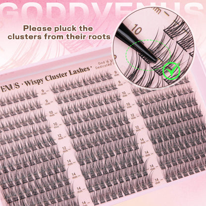 Goddvenus Lash Clusters Kit 9-14mm 300pcs Wispy Eyelash Cluster Lashes Natural DIY Lash Extension Kit Short Cluster Eyelash Extensions C Curl