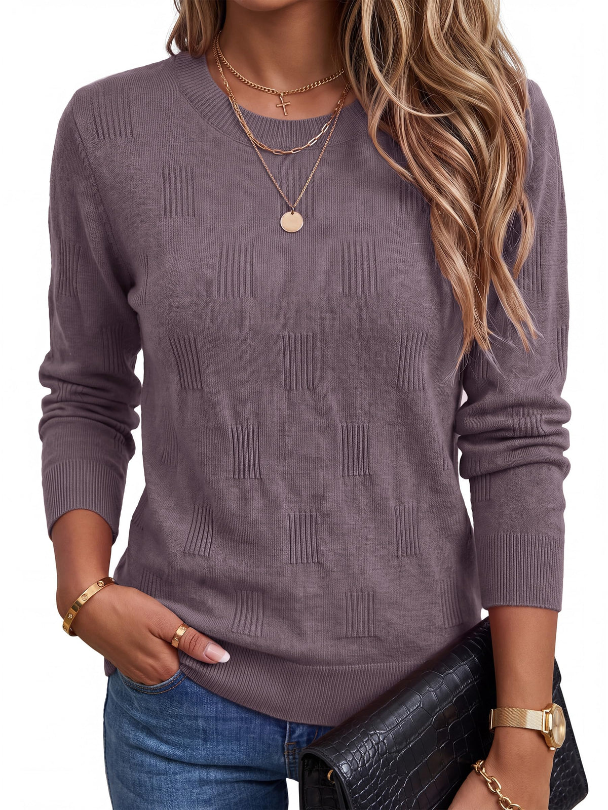 Arach&Cloz Women's Knit Winter Sweater Business Casual Basic Gray Purple M 🍁 All In One Marketplace Canada