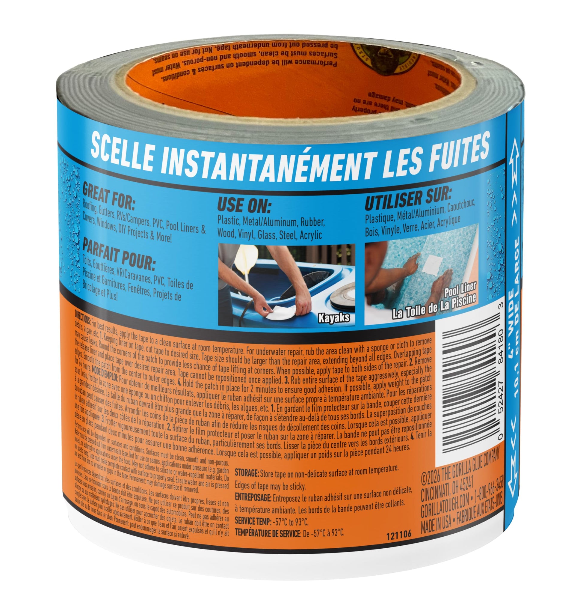Gorilla Waterproof Patch & Seal Tape, Heavy-Duty, Instantly Seals, Works Underwater, Indoor/Outdoor, Flexible Permanent Bond, 4 in x 10 ft, White