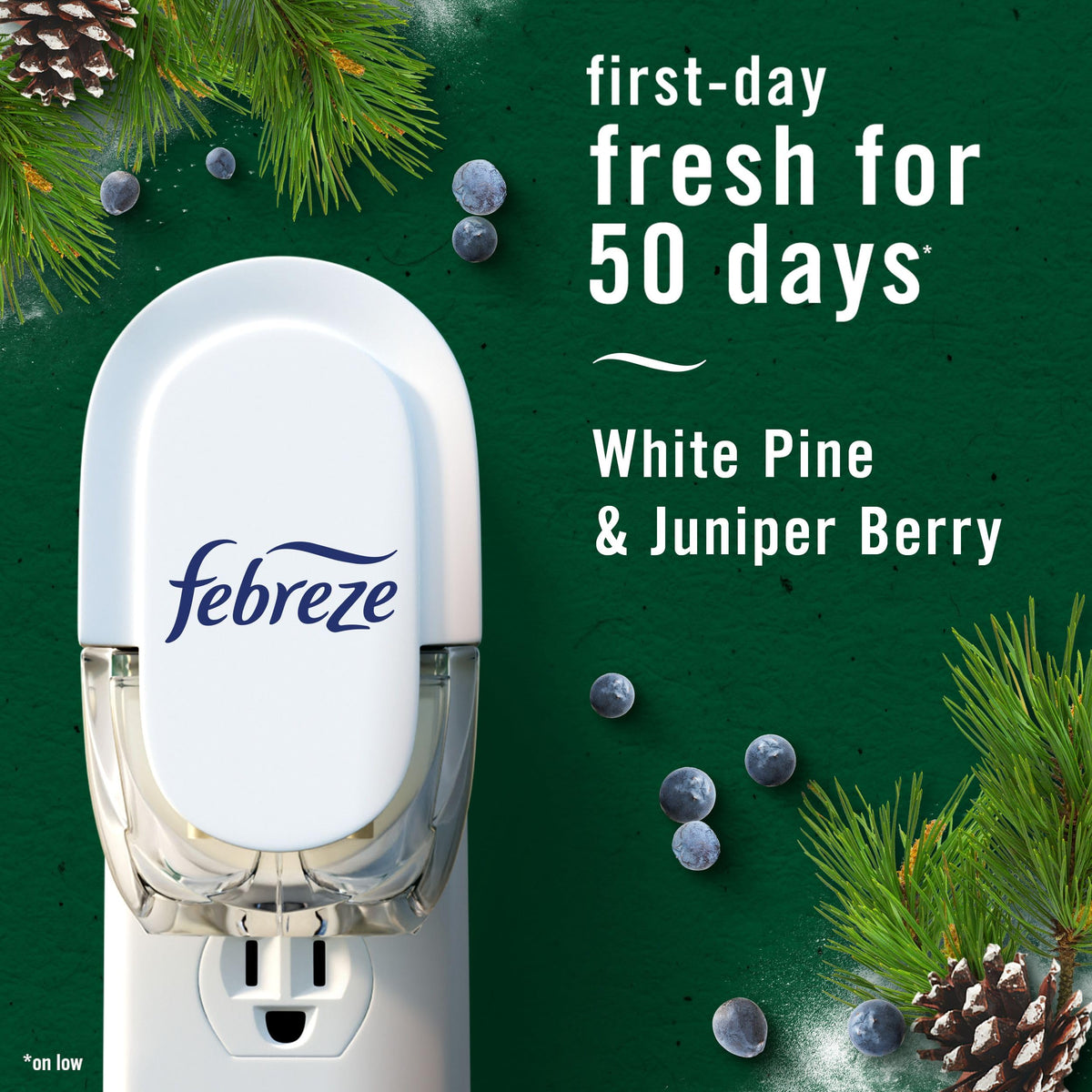 Febreze Plug In Air Freshener, Odor-Fighting Scented Oil Refill, Air Fresheners for Home and Bathroom and Kitchen, Long Lasting for Strong Odors, White Pine & Juniper Berry Scent, 4 Count