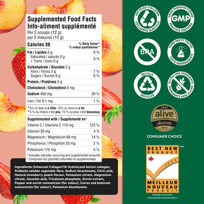 Organika Canadian-Made Electrolytes + Enhanced Collagen - Strawberry Peach Flavour - Sugar-Free Hydration | 5g Protein + 100% of Daily Vitamin C - 360g, 30 Servings