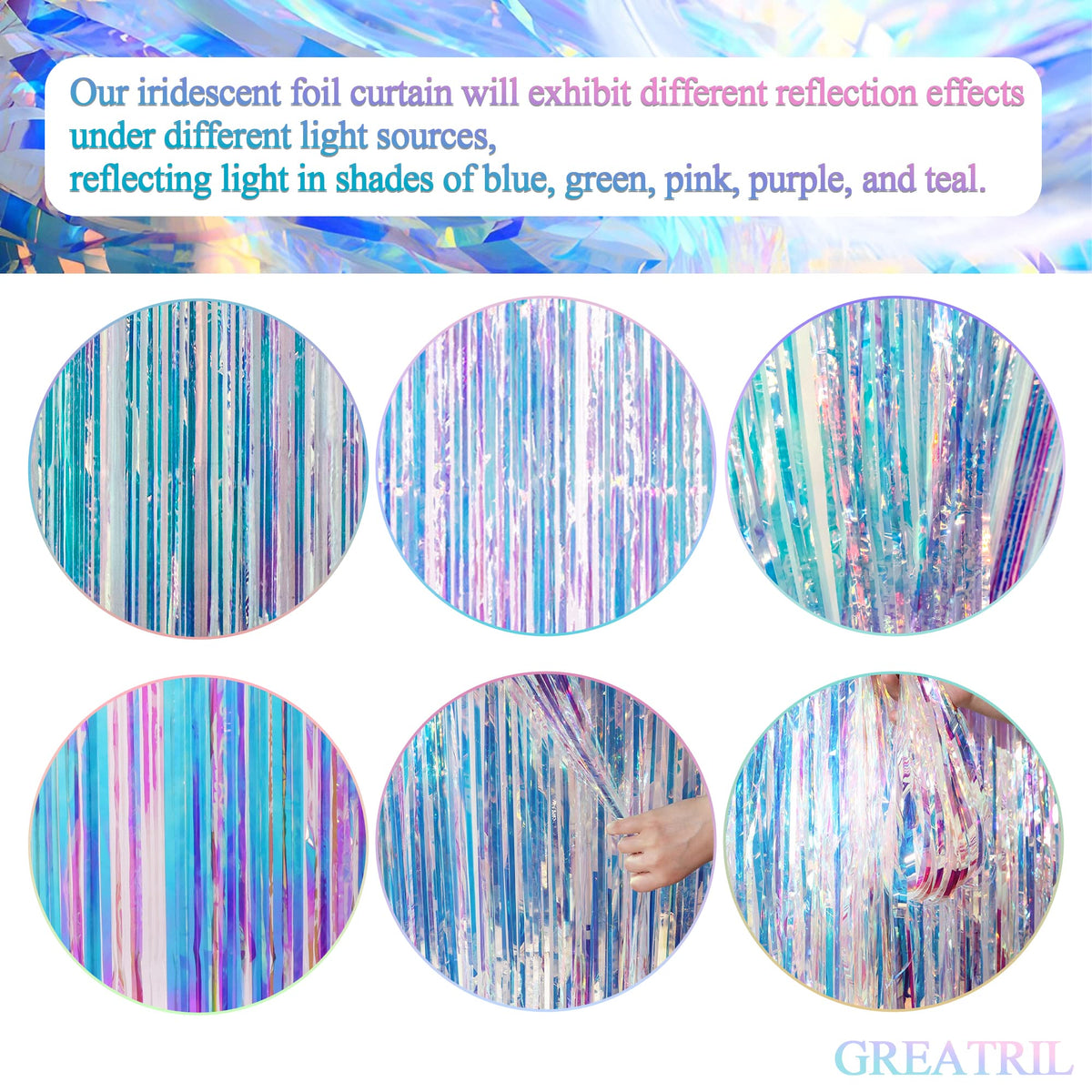 GREATRIL Iridescent Party Tinsel Fringe Backdrop Decorations - Holographic Foil Streamers Curtain for Frozen/Disco Ball/Mermaid/Birthday/Bachelorette/Winter/Christmas Themed - 3.2ft x 6.5ft - 2 PCS 🍁 All In One Marketplace Canada