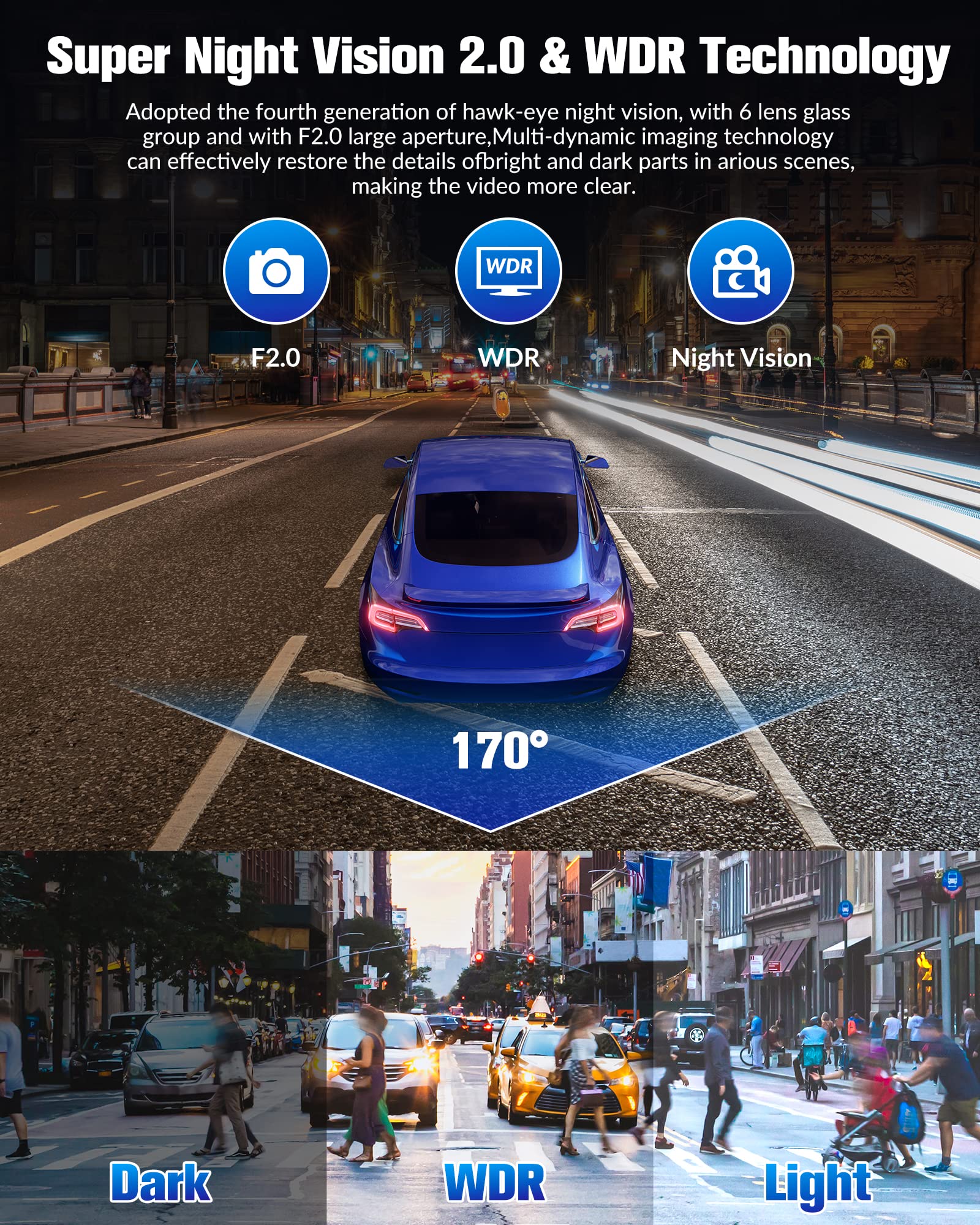 Dash Camera for Cars, 4K Dash Cam Front and Rear, Triple Car Camera with 32GB Card,Built-in IR Night Vision,2.0'' IPS Screen,170°Wide Angle,WDR,HDR,G-Sensor,24H Parking Mode, Loop Recording