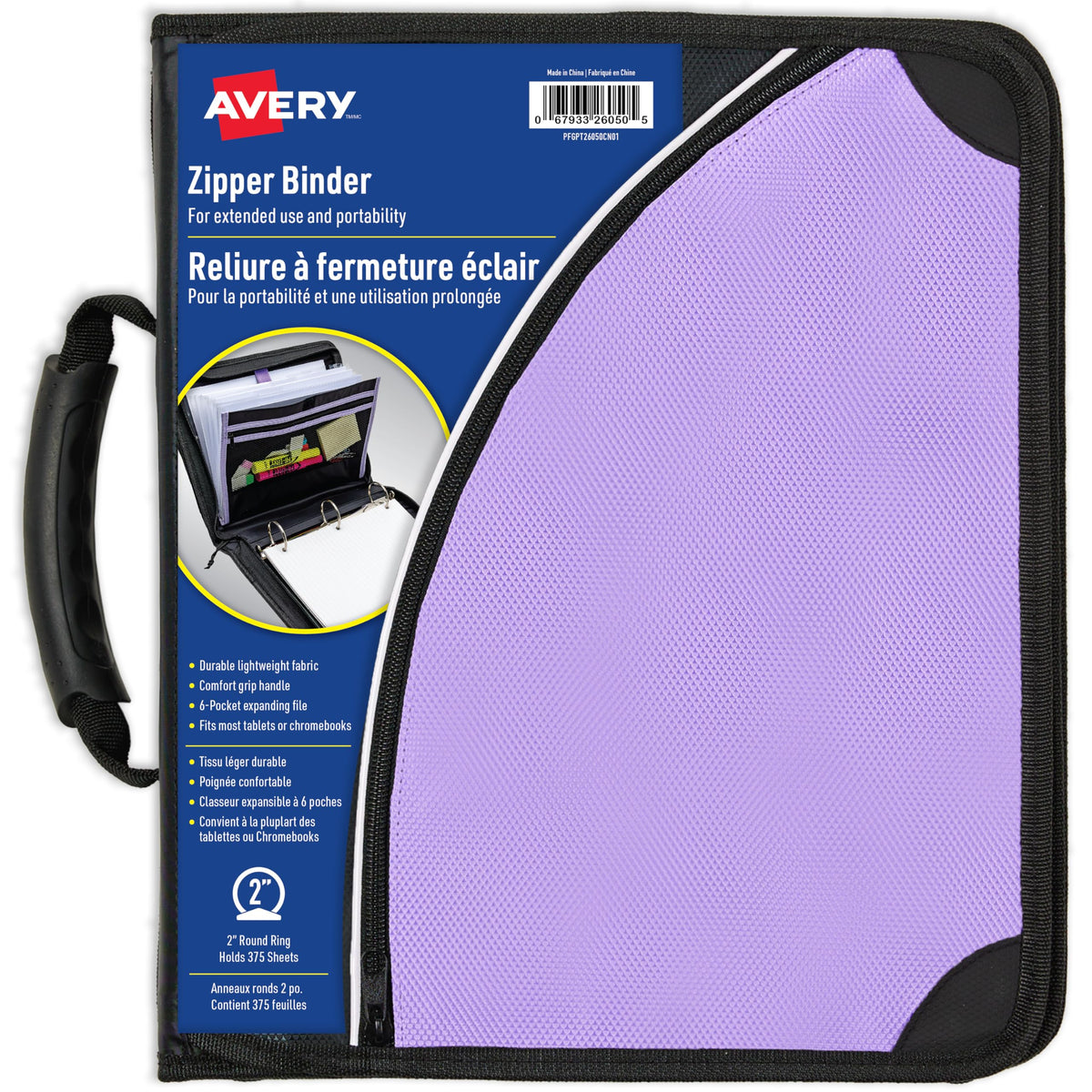 Avery 2" Inch Zipper Binder, 3 Round Rings, Durable Messenger Nylon Zipper Purple Binder, Tablet Holder, 6-Pocket with 5 Tab Dividers, Carry-All Storage Binder (26050)