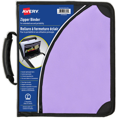 Avery 2" Inch Zipper Binder, 3 Round Rings, Durable Messenger Nylon Zipper Purple Binder, Tablet Holder, 6-Pocket with 5 Tab Dividers, Carry-All Storage Binder (26050)