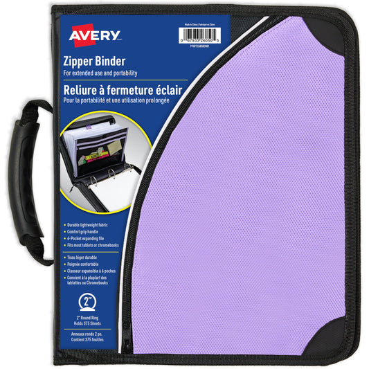 Avery 2" Inch Zipper Binder, 3 Round Rings, Durable Messenger Nylon Zipper Purple Binder, Tablet Holder, 6-Pocket with 5 Tab Dividers, Carry-All Storage Binder (26050)
