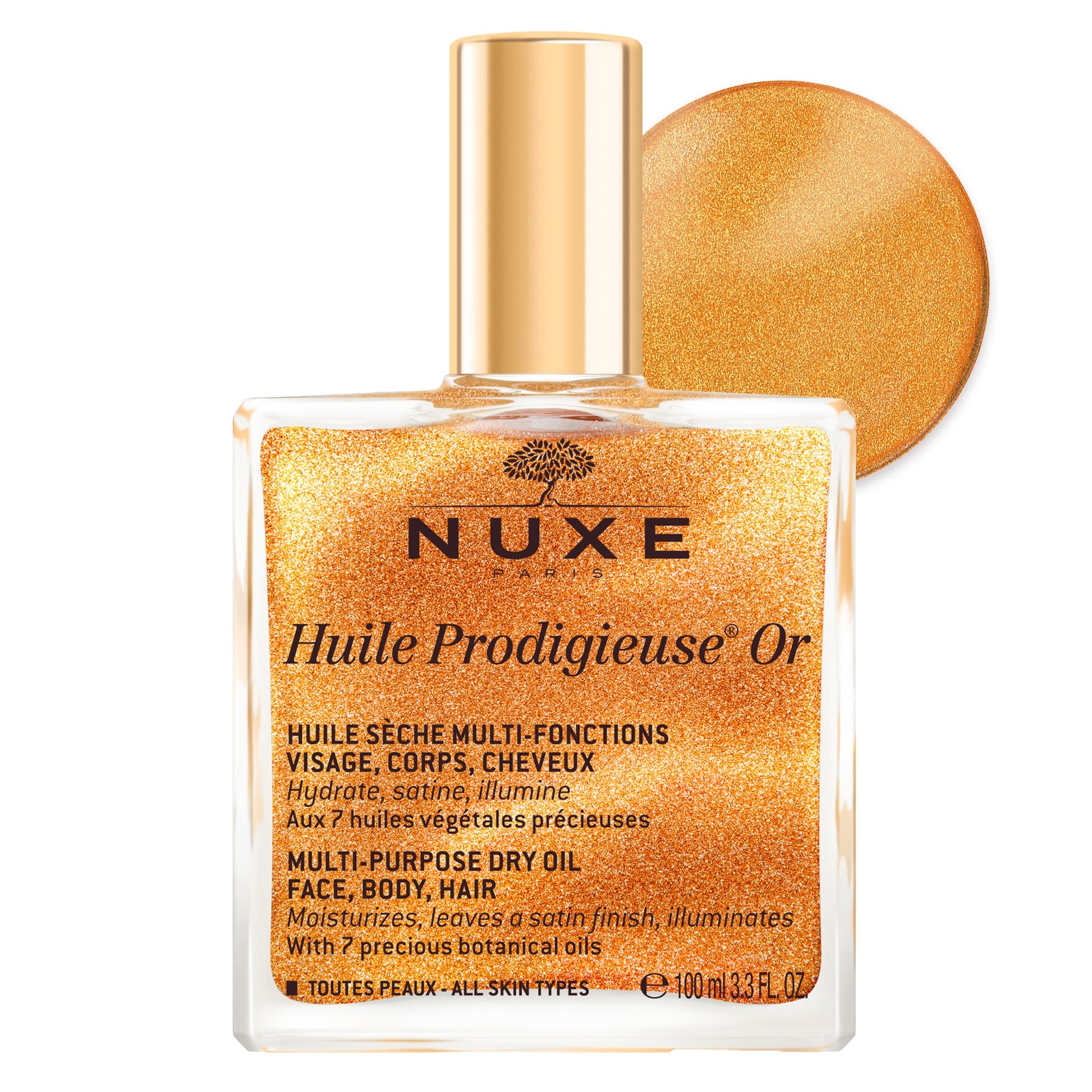 NUXE Huile Prodigieuse Shimmer Multi-Purpose Dry Oil - Luxurious Radiant Glow and Hydration for Face, Body & Hair (100 ml) Nuxe