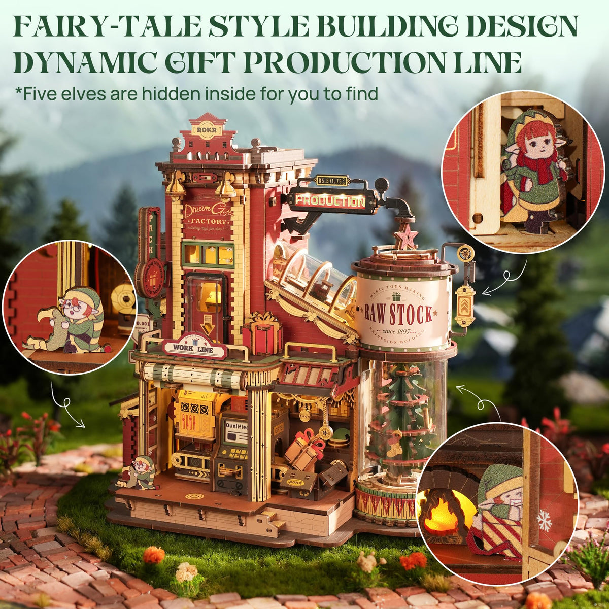 ROKR 3D Puzzle for Adults Christmas Style Dream Gift Factory Wooden Model Kit Luminous Factory DIY Dollhouse Kit Building with Music, Lights and 5 Elves for Teens 14+ 🍁 All In One Marketplace Canada